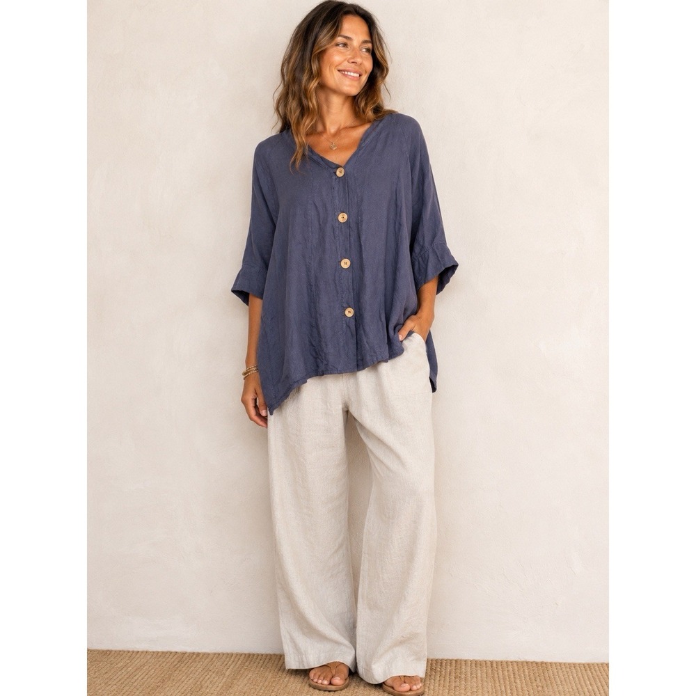 100% LIN BLANC Linen Top Size 46/L/XL Blue Wood Button Up Oversized Italy